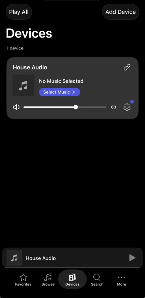 WiiM Home app Devices screen showing a House Audio zone with volume control and Select Music option