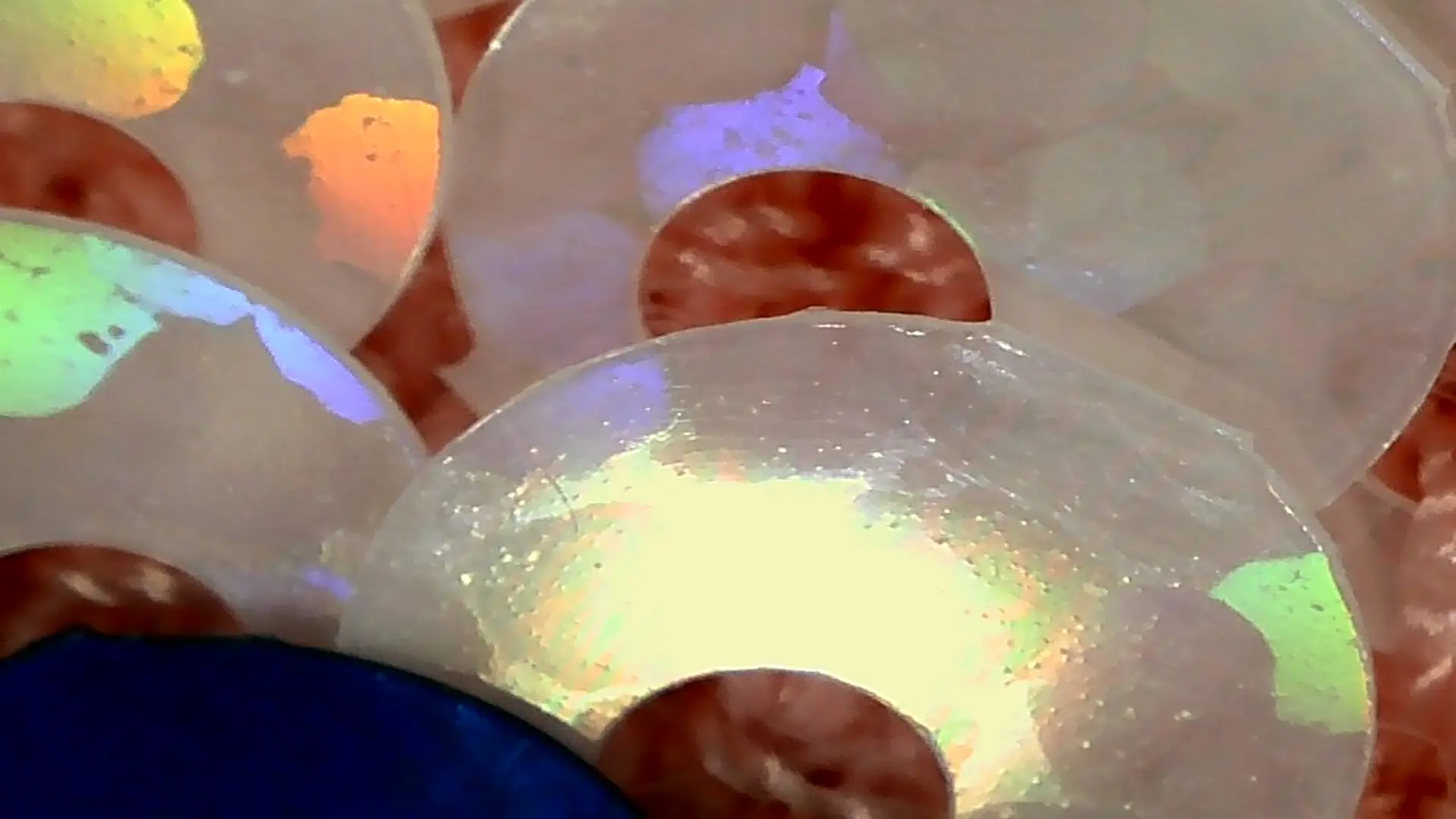 Magnified capture from the WonderQuest microscope showing iridescent sequin discs on fabric