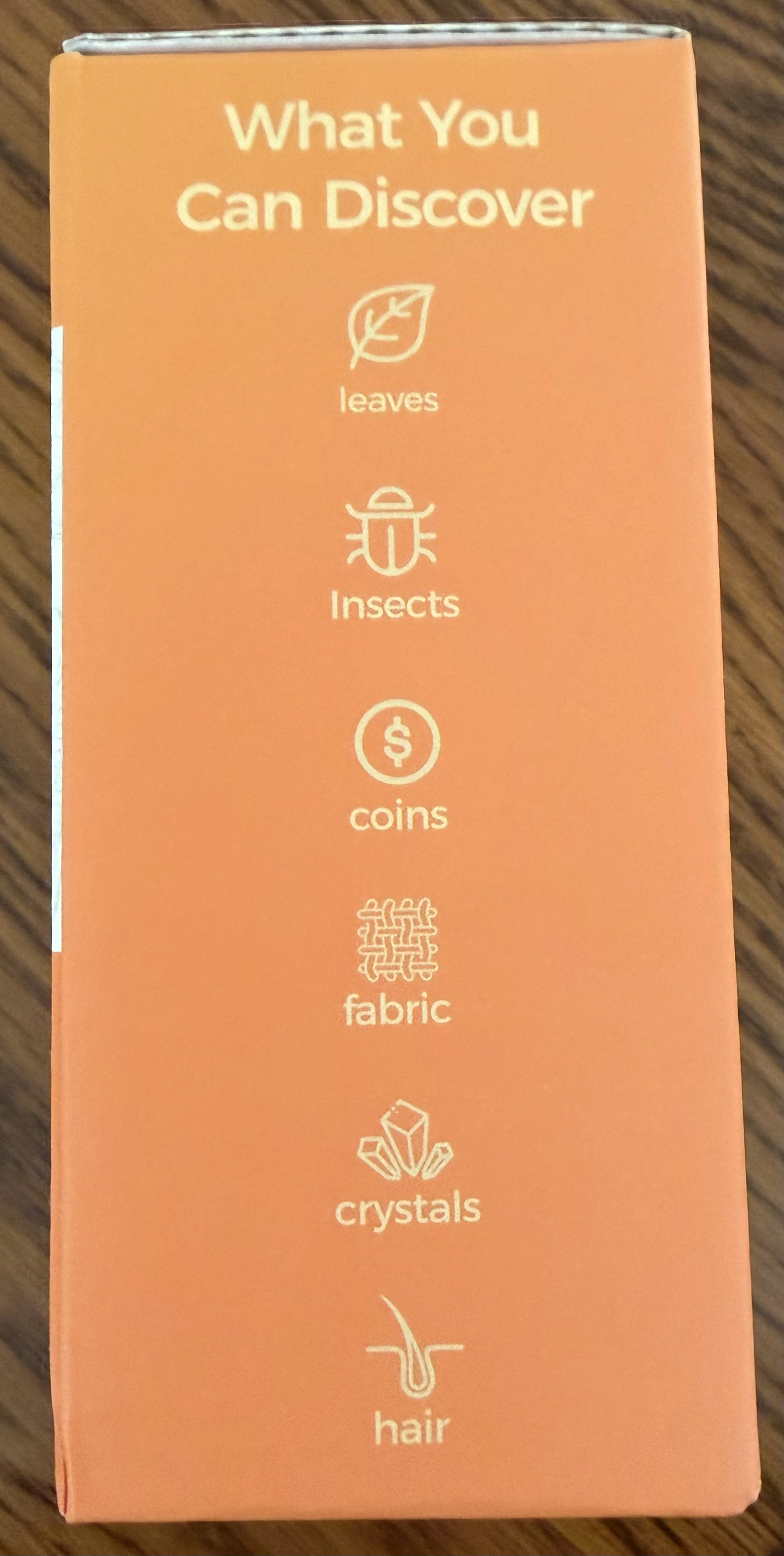 Side of the WonderQuest box suggesting things to examine: leaves, insects, coins, fabric, crystals and hair
