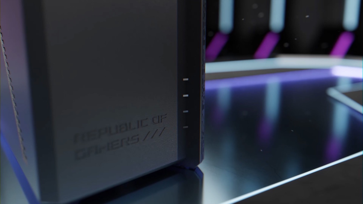 Close-up of the ASUS ROG Strix GS-BE12000, with the Republic of Gamers logo on the side panel